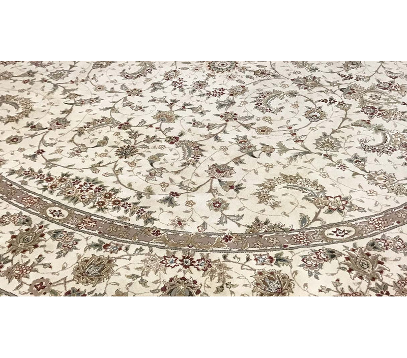 Hand-Knotted High-Quality Ivory and Ivory Round Area Rug