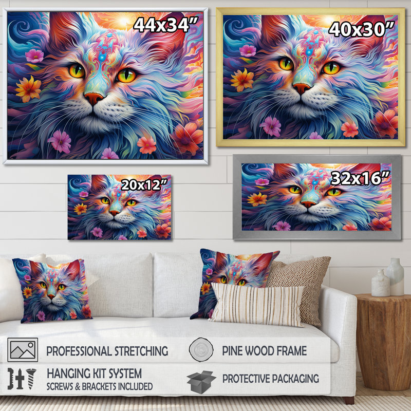 Portrait d'un chat majestueux avec des fleurs, Cadre naturel flottant, H 30 po x l 40 po