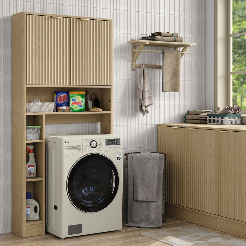Andelija Freestanding Over The Toilet Storage,Bathroom Cabinet with Fluted Door and  Adjustable Shelve, Brown