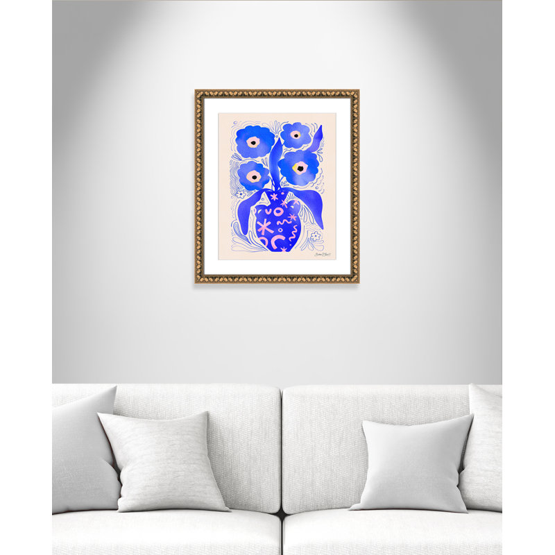 «Blue Flowers Matisse» par Bloom, L 22,5 po x H 26,5 po, Imprimé mat, Perles de feuilles dorées