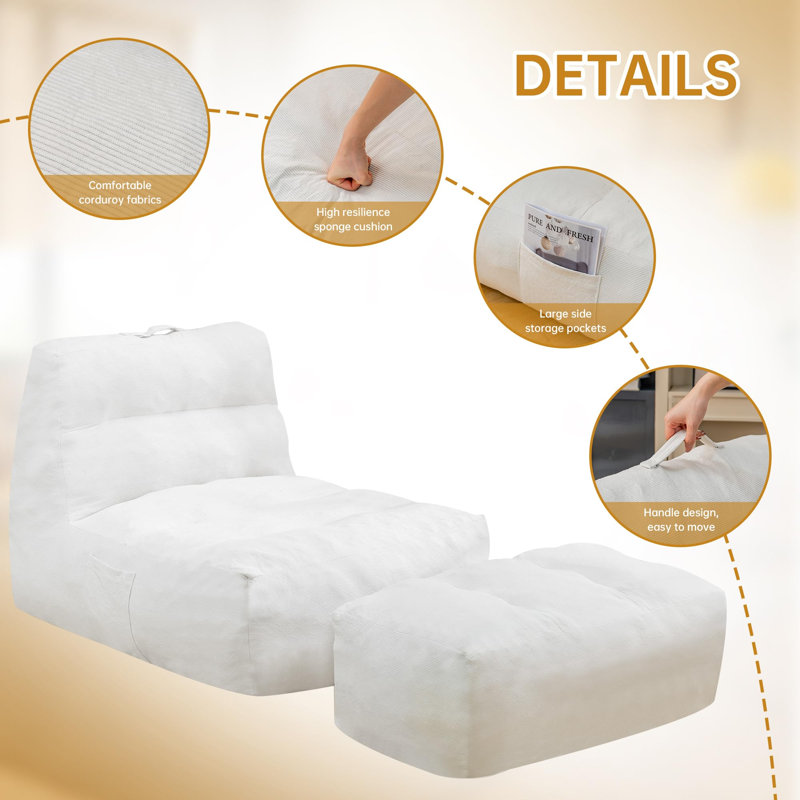 Premium Memory Foam Bean Bag Sofa with Ottoman, White