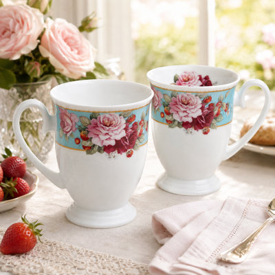 Bone China English Strawberry Blue Border Footed Coffee or Tea Mugs, 2 pc Set