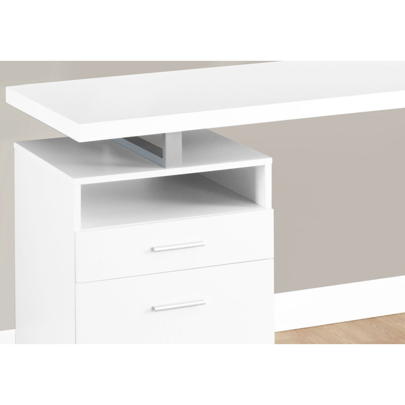 Bureau pour ordinateur portable 60 pouces : plateau stratifié blanc, structure en métal gris, compartiments de rangement. Table d'ordinateur de 60 pouces pour bureau à domicile : dessus stratifié, pattes en métal, tiroirs de rangement.