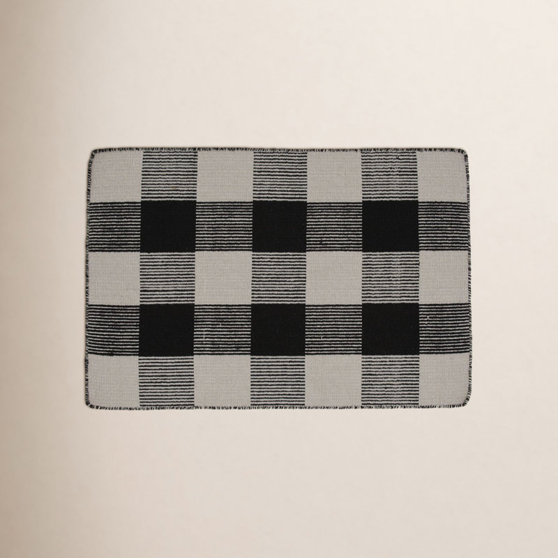 Charliss Gingham Machine Woven Flatweave Shag Wool Area Rug, Rectangle 9' x 12', Light Gray/Black