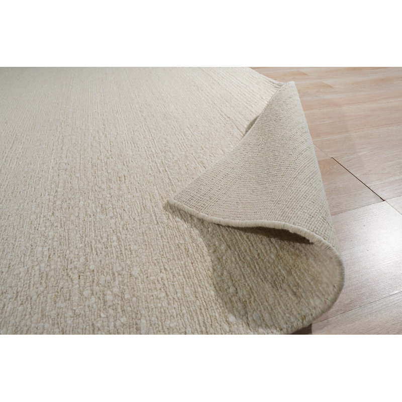 Ivory Hand-Knotted Wool Subtle Textured Weave Geometric Modern Contemporary Carpet Rug, 8' x 10'