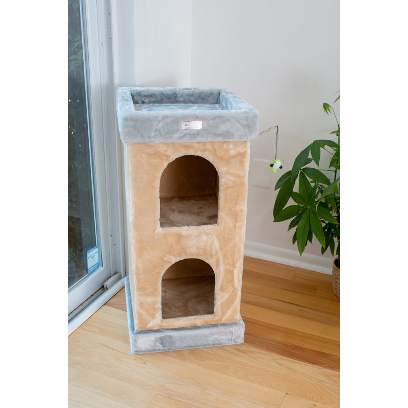 Beige Faux Fur and Sisal Freestanding Cat Tree with Double Condo