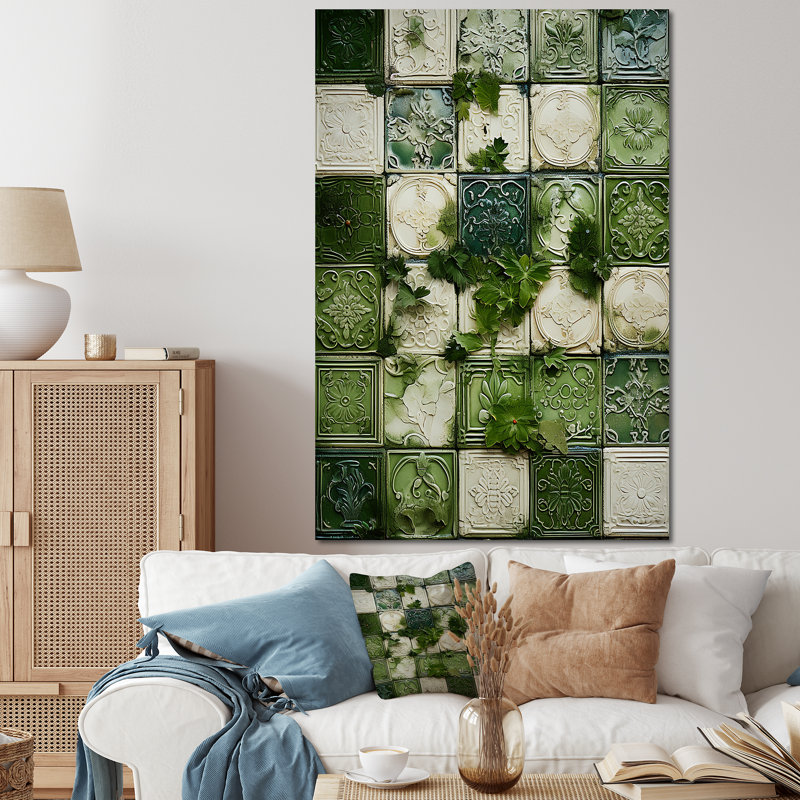 Carreaux floraux verts botaniques IV - Décoration murale abstraite en carreaux, Toile tendue, H 60 po x l 40 po
