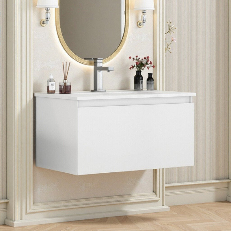 Meuble-lavabo mural 32 po avec grand tiroir et système de fermeture en douceur avec évier en céramique, Blanc