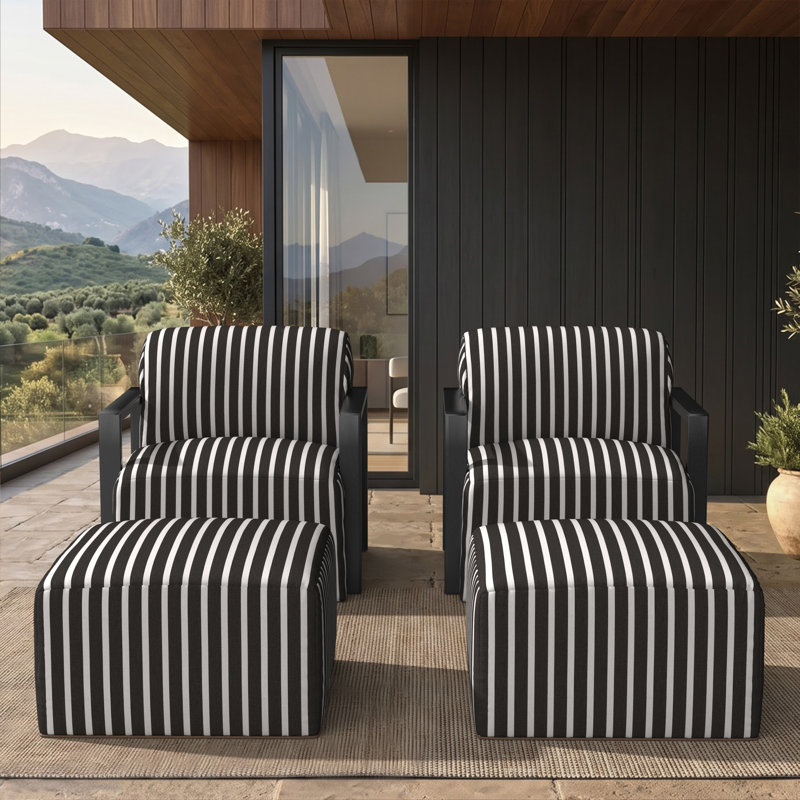 Ensemble de patio 4 pièces en aluminium à structure ouverte comprenant une chaise et un repose-pieds rembourrés avec coussins Sunbrella