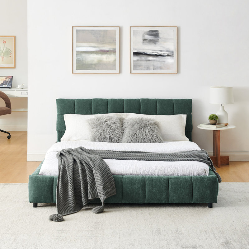 Queen Size Upholstered Storage Bed Frame With Chenille Fabric And Headboard, Built-In Drawers, Blue Green