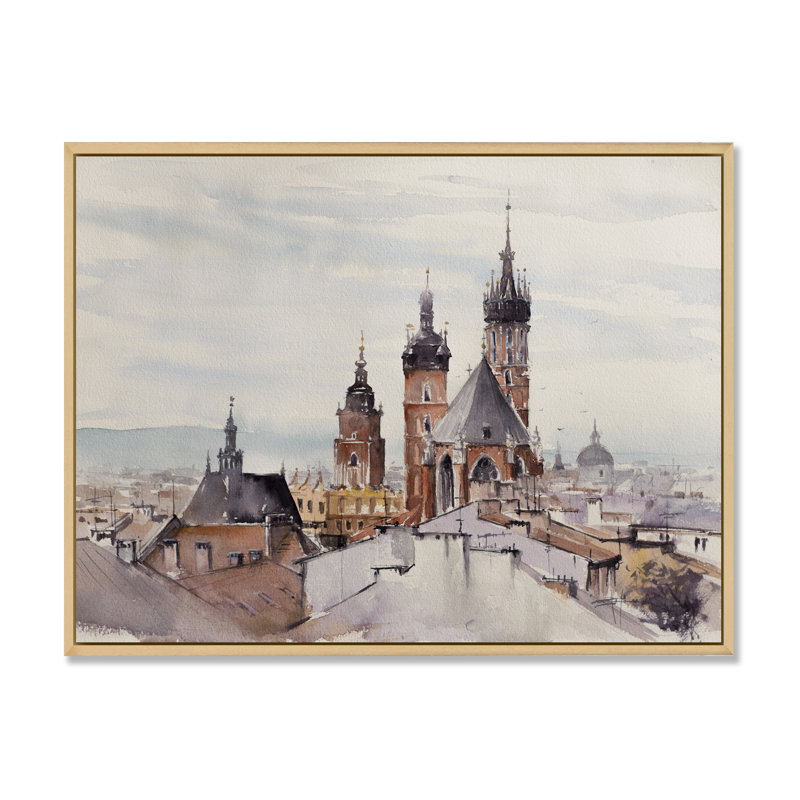 Vieille ville de Cracovie en Pologne - reproduction sur toile flottante, H 24 po x l 36 po x P 1 po, Cadre naturel
