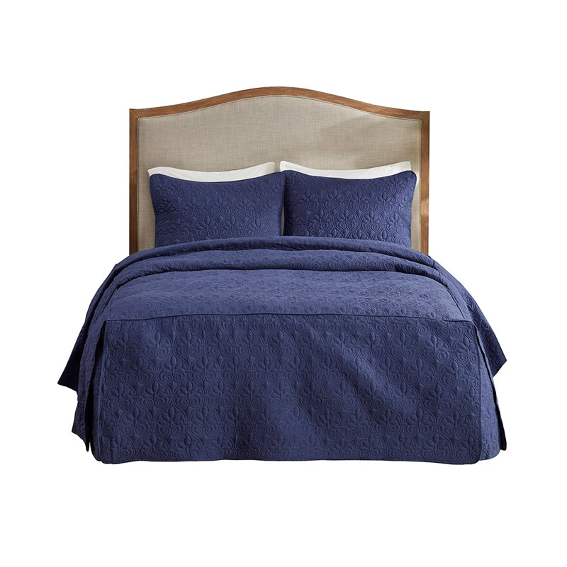 3 Piece Split Corner Pleated Quilted Bedspread Navy King