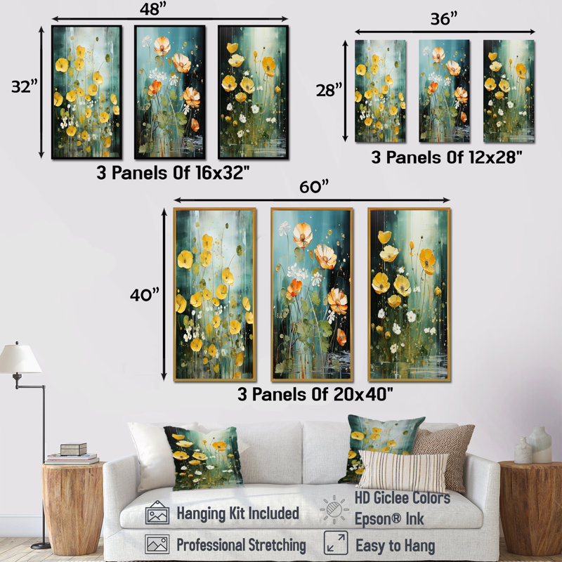 Ensemble de 3 impressions sur toile jaune avec bouton d'or jaune Sunny Beauty, H 28 po x l 36 po, Cadre flottant brun