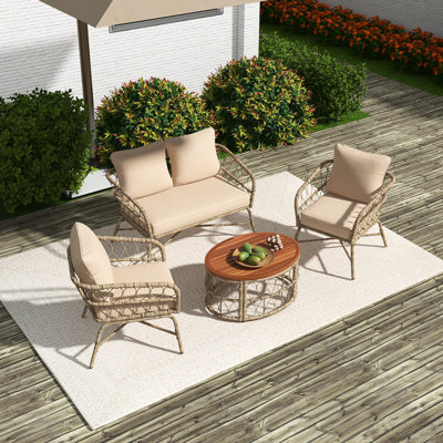 Ensemble de conversation d'extérieur 4 personnes avec coussins amovibles, ensemble de patio conversation avec plateau de table en bois beige d'inspiration bohémienne