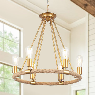 Loene Nhien 6 - Light 23" Rustic Wagon Wheel Chandelier with Hemp Rope Accents for Living Room, Bedroom, Entryway, Foyer