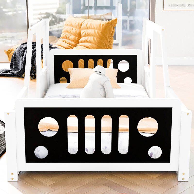 White Twin Size Car Bed With Wheels - Construction Of Pine Wood And For Bedroom Classic Car-Shaped Platform In, Twin, White