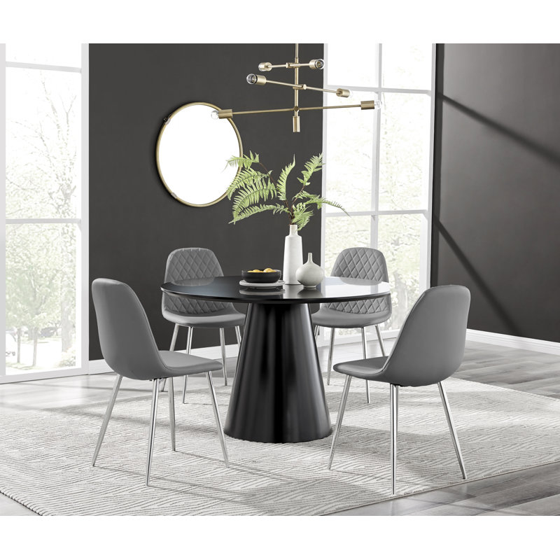 Edzard Statement Pedestal Round Dining Table Set & 4 Luxury Faux Leather Dining Chairs, Black, Grey/Black