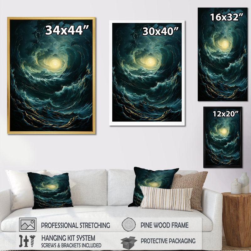 Privett " Blue Fury Waves Spiral ", Black Floater Framed Canvas, 32" H x 16" W x 1" D