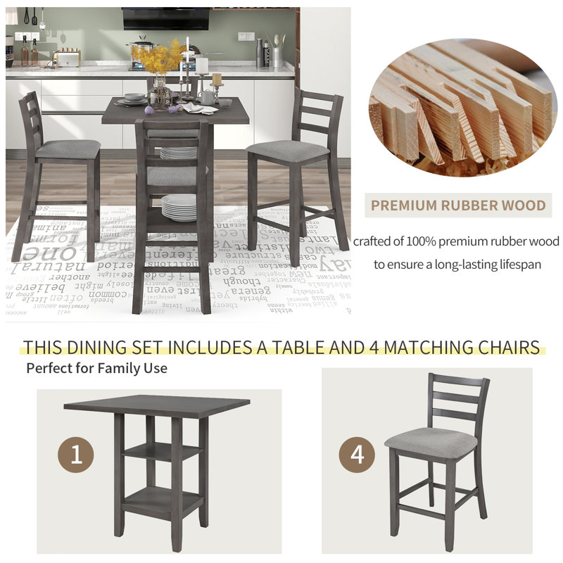 Ensemble de salle à manger 5 pièces à hauteur de comptoir en bois gris avec chaises rembourrées et étagères de rangement pour la cuisine ou la salle à manger
