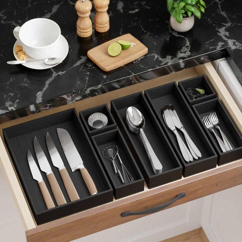 Ensemble de 7 tiroirs de rangement en bambou, bacs de rangement en bois multi-usage pour la cuisine, la salle de bain, le bureau et l'organisation de maquillage