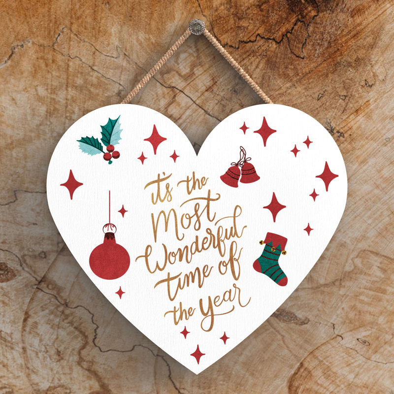 Xmas the Most Wonderful Time Heart Wooden Plaque, 10cm H x 9cm W x 0.5cm D
