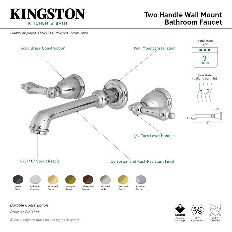 Robinet de salle de bain mural 3 trous Kingston Brass English Country, Laiton satiné