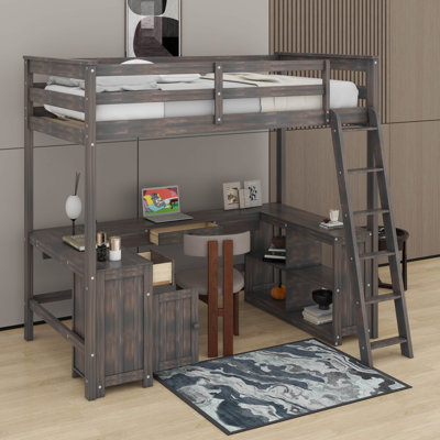 Full Size Loft Bed With U-Shaped Desk, Drawers And Shelves