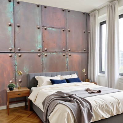 Peel and Stick papier peint panneau mural industriel en métal patine rivets murales H 100 po x l 144 po amovible papier peint en PVC auto-adhésif, décoration murale pour chambre à coucher salon