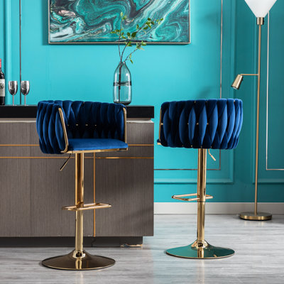 De 2 tabourets de bar pivotants, réglables en hauteur, velours bleu marine, pieds dorés, repose-pieds et base 2 pièces, siège en velours, hauteur réglable