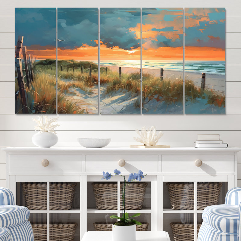Pathway To Beach Sunset - salon d'art mural de plage - 5 panneaux égaux