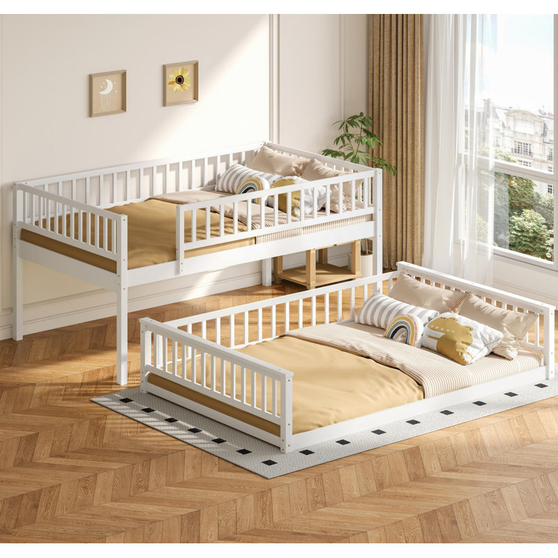 Full XL over Queen Bunk Bed with Ladder and Guardrails, White