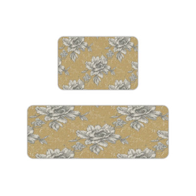 Yellow Gray Floral Kitchen Mats, 2 Pcs Vintage Rugs For Kitchen & Living Room