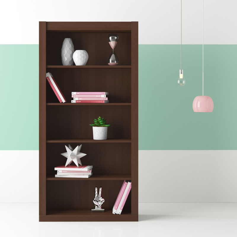 Olinda 71.85" H x 35.63" W Mid-Century Modern 5-Shelf Standard Open Bookcase in Walnut Brown, Dark Brown