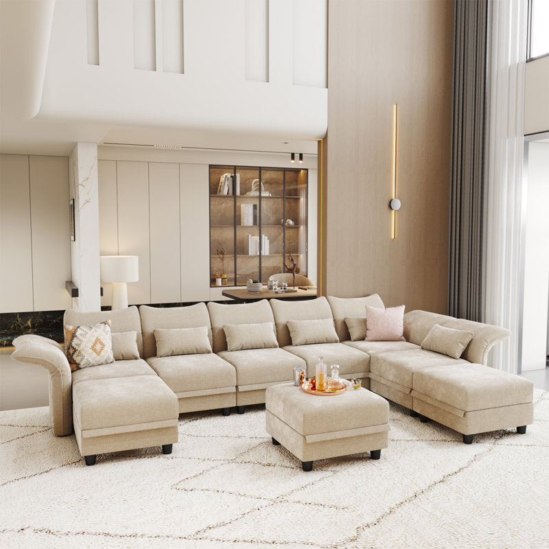 Caralina Upholstered Sectional Reversible, Ivory Microfiber/Microsued