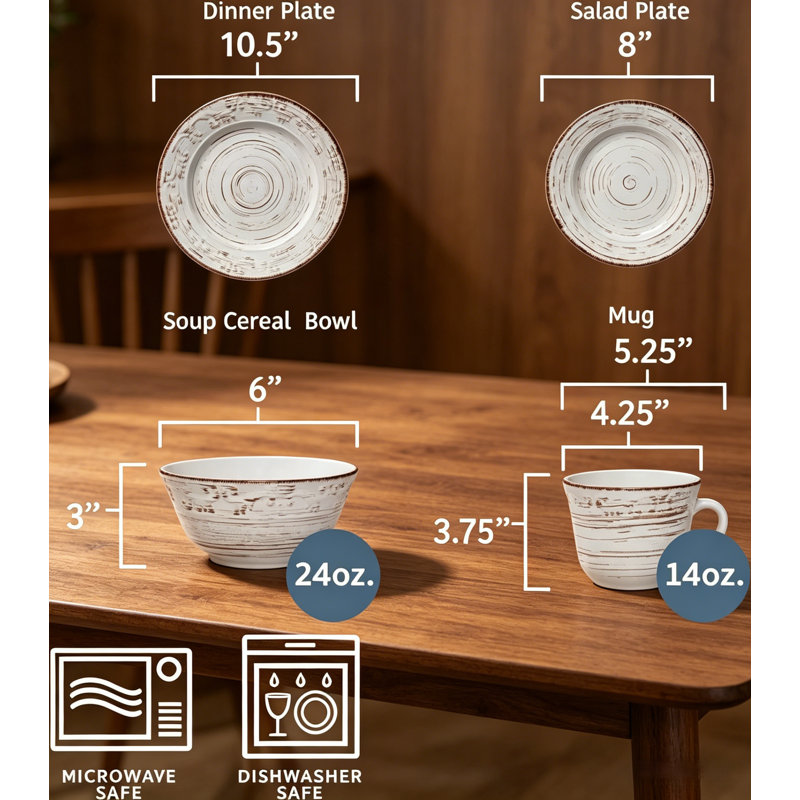 Ensemble 16 pièces de vaisselle en grès blanc vieilli, assiettes et bols pour 4 personnes, allant au micro-ondes et au lave-vaisselle