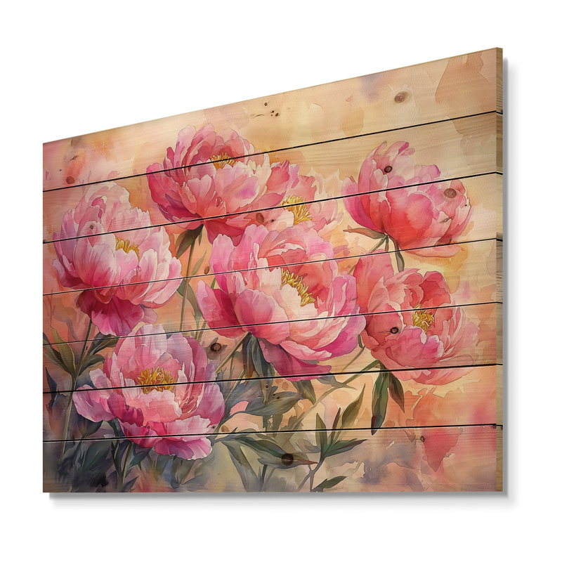Pivoines au soleil levant II - impression de pivoines sur bois de pin naturel, H 10 po x l 20 po x P 0,78 po