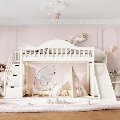 Structure de lit mezzanine avec glissade, escalier de rangement et garde-robe intégrée Haven Kids