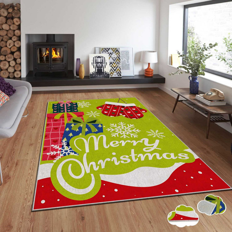 Tapis rectangulaire tissé à la machine en polyester rouge / vert / blanc, Rectangle 5 pi 3 po x 7 pi 7 po