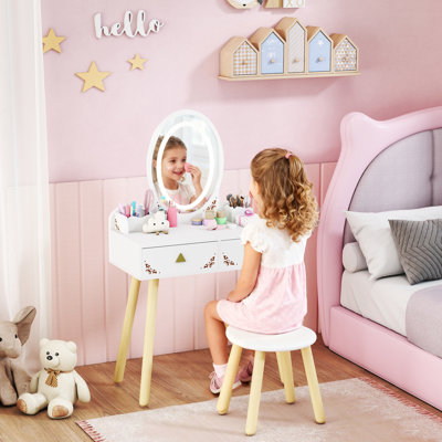 AIYAPLAY Kids Dressing Table with Mirror and Stool Set for 3+ Years White