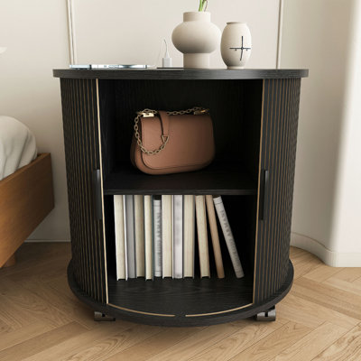 Ensemble de 2 tables de bout cylindriques de style Mid-Century moderne avec station de charge intégrée et porte coulissante, table de chevet ronde à 2 niveaux avec ports USB, table de chevet pour le salon et la chambre à coucher