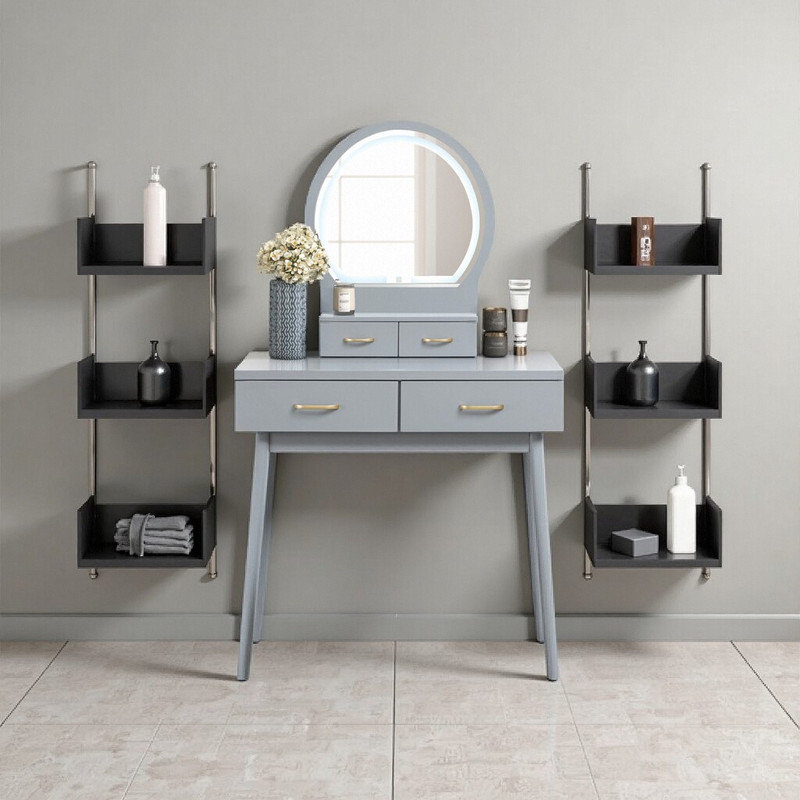 54 Inch Vanity Dresser with LED Mirror, 4 Drawer Dressing Table Set with Stool, Gray