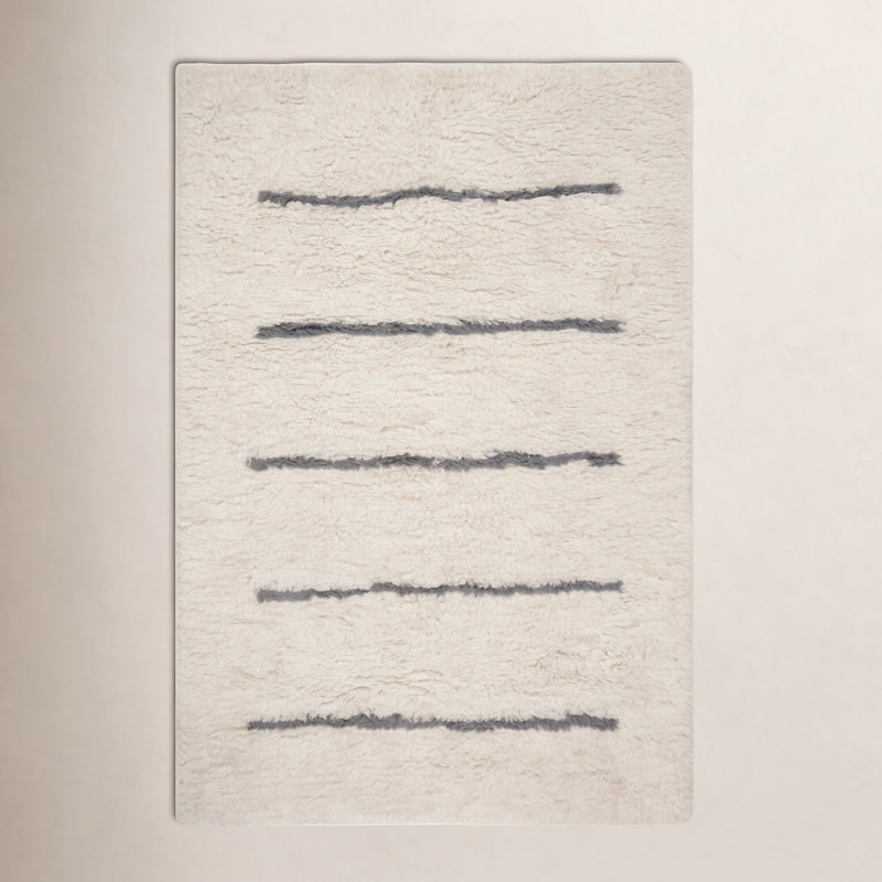 Tapis ivoire / gris en laine fabriqué à la main Mayer, Rectangle de 3 pi x 5 pi