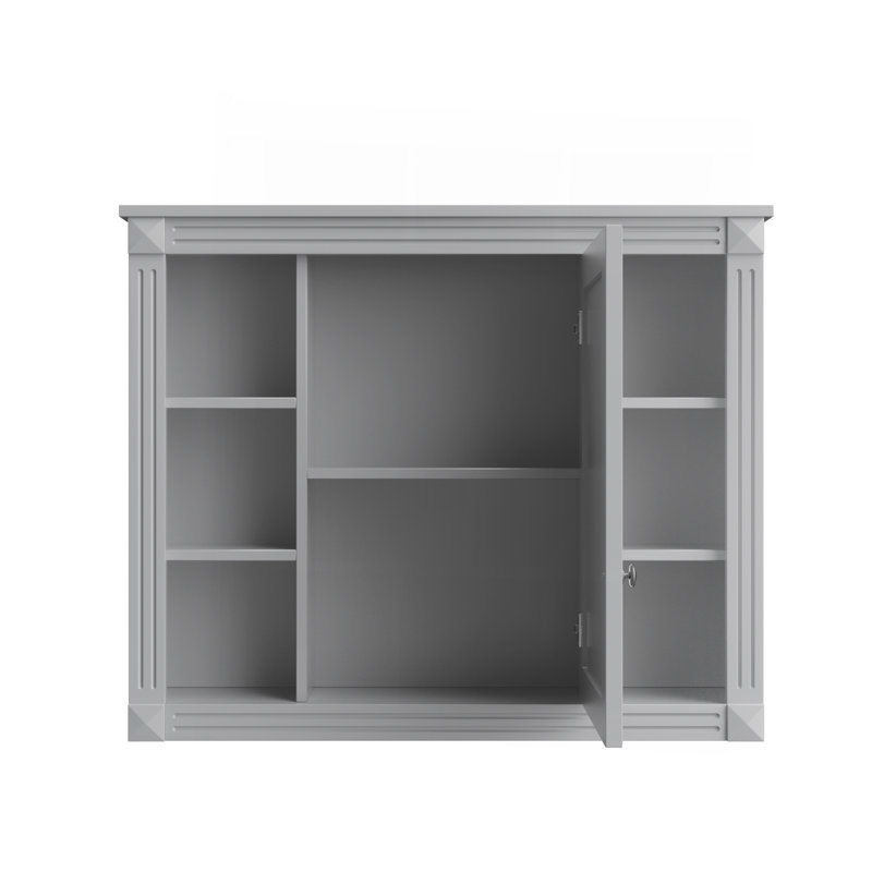 Armoire de salle de bain murale moderne avec plusieurs tablettes ouvertes et miroir, Gris