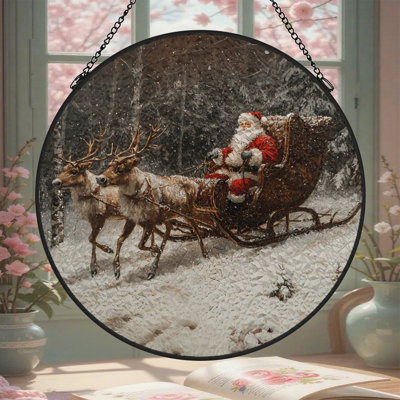 Père Noël en traîneau enneigé avec panneaux de vitrail renne Suncatcher pour décor de fenêtre