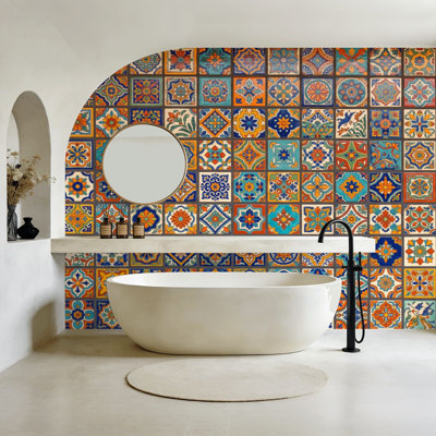 [style] Peel and Stick Wallpaper Colorful Mediterranean Mosaic Tiles Intricate Floral Geometric Wall Murals 100"H x 144"W Removable PVC Wall Paper Self-Adhesive Wall Decor for Bedroom Living Room Home Office