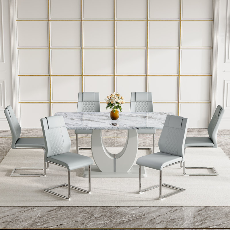  63'' Wooden Dining Table Set, Rectangle Gray Dining Table Set for 4/6 with Leather Chairs, Light Gray, 7