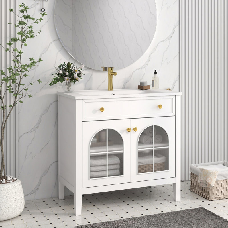 Meuble-lavabo autoportant avec tablette de rangement, Blanc