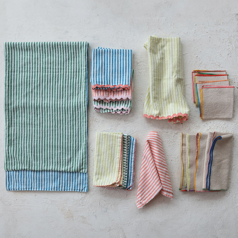 4-Piece Large Woven Cotton Cocktail Napkins With Stitched Colored Trim, Multicolor