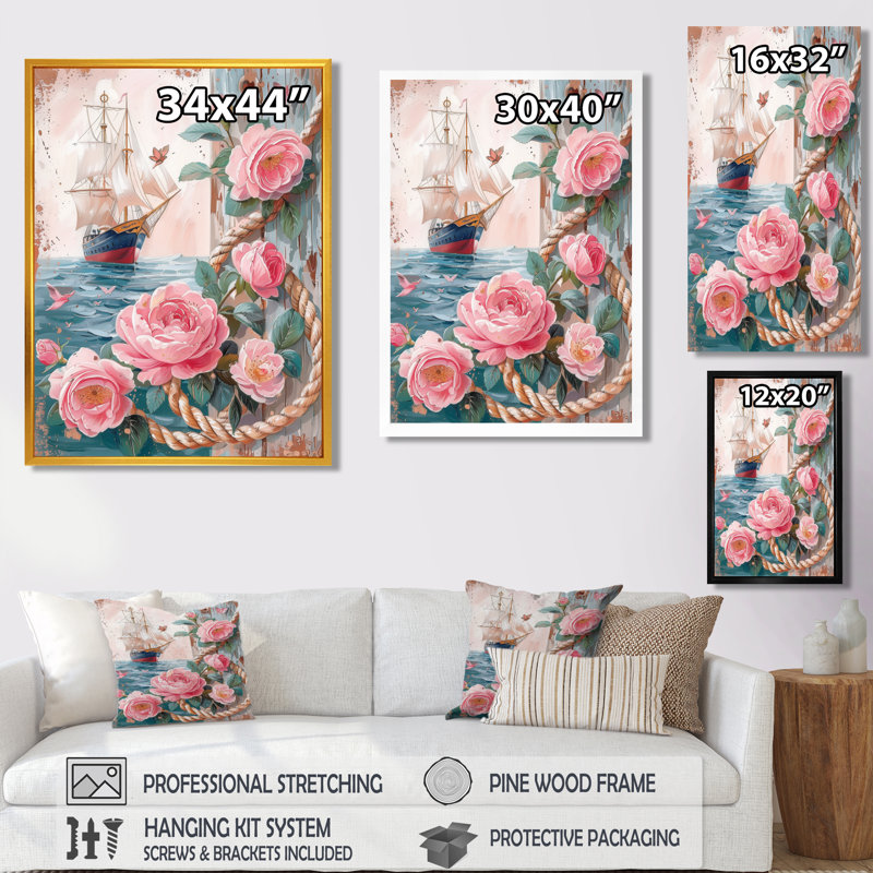 Ancre de pirate rose et vert avec roses roses I - art mural côtier, Toile encadrée noire simple, H 12 po x l 20 po x P 1 po