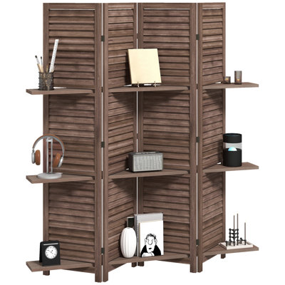Room Divider 4 Panel 67" Tall Wood Privacy Screen with 3 Shelves and Folding Storage for Bedroom, Gray